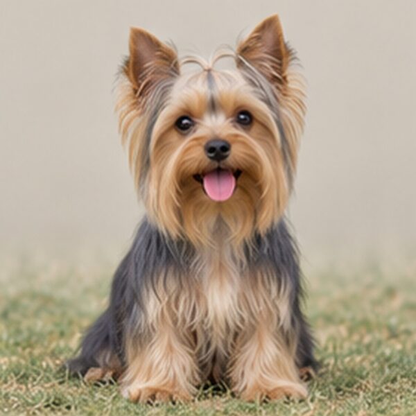 Small Yorkshire Terrier with a silky coat, sitting proudly, and looking up